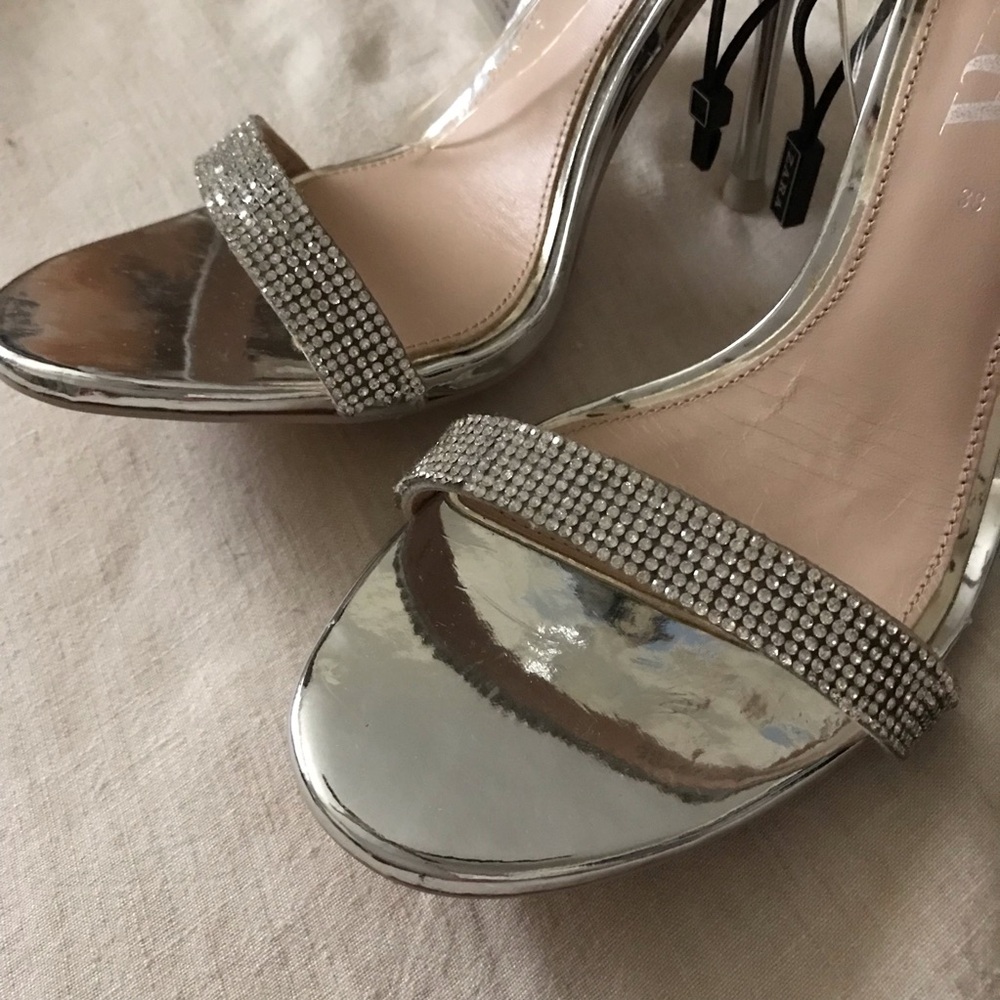 Zara Metallic Silver and Crystal Heeled Sandals - Picture 6 of 12